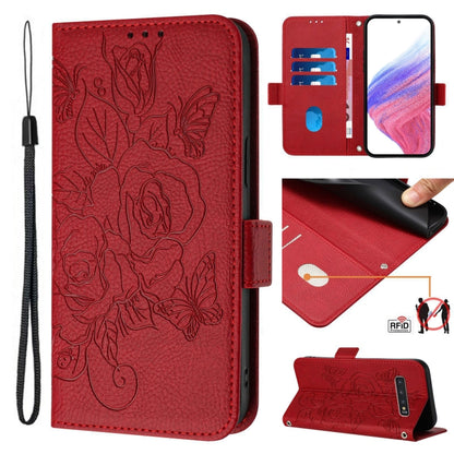 Embossed Rose RFID Anti-theft Leather Phone Case, For Samsung Galaxy S21 Ultra 5G, For Samsung Galaxy S20 Ultra, For Samsung Galaxy S20, For Samsung Galaxy S20+, For Samsung Galaxy S10e, For Samsung Galaxy S10+, For Samsung Galaxy S10