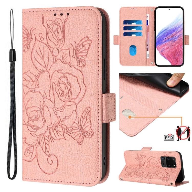 Embossed Rose RFID Anti-theft Leather Phone Case, For Samsung Galaxy S21 Ultra 5G, For Samsung Galaxy S20 Ultra, For Samsung Galaxy S20, For Samsung Galaxy S20+, For Samsung Galaxy S10e, For Samsung Galaxy S10+, For Samsung Galaxy S10