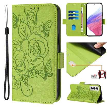 Embossed Rose RFID Anti-theft Leather Phone Case, For Samsung Galaxy S23 5G, For Samsung Galaxy S20 FE 5G / 4G, For Samsung Galaxy S22 Ultra 5G, For Samsung Galaxy S22+ 5G, For Samsung Galaxy S22 5G, For Samsung Galaxy S21 FE 5G, For Samsung Galaxy S21...