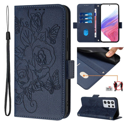 Embossed Rose RFID Anti-theft Leather Phone Case, For Samsung Galaxy S21 Ultra 5G, For Samsung Galaxy S20 Ultra, For Samsung Galaxy S20, For Samsung Galaxy S20+, For Samsung Galaxy S10e, For Samsung Galaxy S10+, For Samsung Galaxy S10