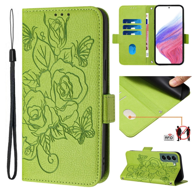 Embossed Rose RFID Anti-theft Leather Phone Case, For Samsung Galaxy S23 5G, For Samsung Galaxy S20 FE 5G / 4G, For Samsung Galaxy S22 Ultra 5G, For Samsung Galaxy S22+ 5G, For Samsung Galaxy S22 5G, For Samsung Galaxy S21 FE 5G, For Samsung Galaxy S21...