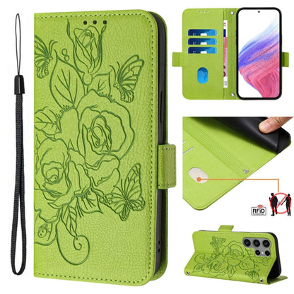 Embossed Rose RFID Anti-theft Leather Phone Case, For Samsung Galaxy S25 Ultra 5G, For Samsung Galaxy S24 FE 5G, For Samsung Galaxy S24 Ultra 5G, For Samsung Galaxy S24+ 5G, For Samsung Galaxy S24 5G, For Samsung Galaxy S23 FE 5G                       ...