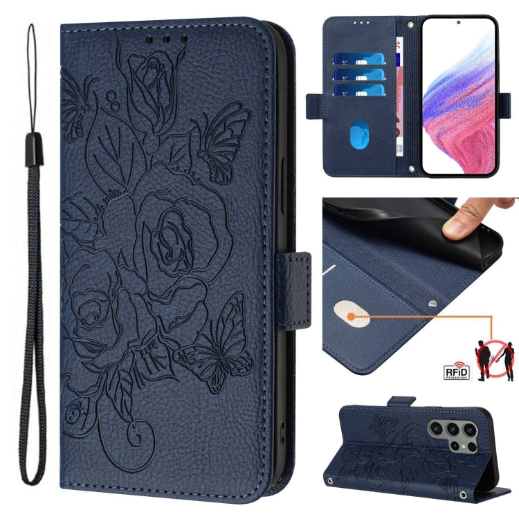 Embossed Rose RFID Anti-theft Leather Phone Case, For Samsung Galaxy S25 Ultra 5G, For Samsung Galaxy S24 FE 5G, For Samsung Galaxy S24 Ultra 5G, For Samsung Galaxy S24+ 5G, For Samsung Galaxy S24 5G, For Samsung Galaxy S23 FE 5G                       ...