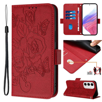 Embossed Rose RFID Anti-theft Leather Phone Case, For Samsung Galaxy S25 Ultra 5G, For Samsung Galaxy S24 FE 5G, For Samsung Galaxy S24 Ultra 5G, For Samsung Galaxy S24+ 5G, For Samsung Galaxy S24 5G, For Samsung Galaxy S23 FE 5G                       ...