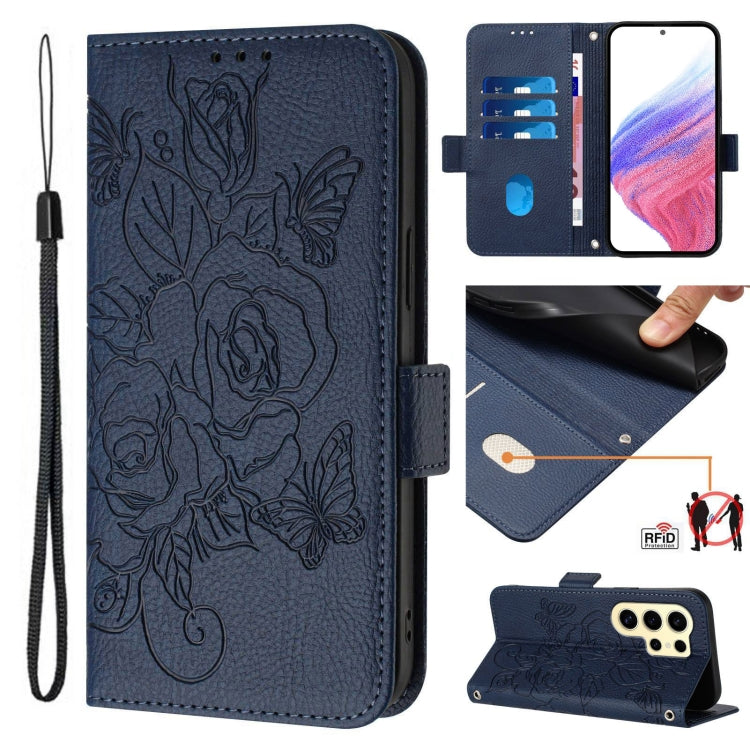 Embossed Rose RFID Anti-theft Leather Phone Case, For Samsung Galaxy S25 Ultra 5G, For Samsung Galaxy S24 FE 5G, For Samsung Galaxy S24 Ultra 5G, For Samsung Galaxy S24+ 5G, For Samsung Galaxy S24 5G, For Samsung Galaxy S23 FE 5G                       ...