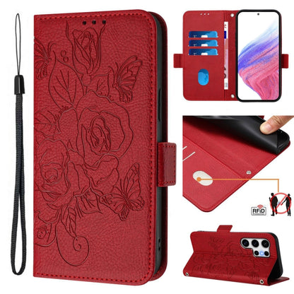 Embossed Rose RFID Anti-theft Leather Phone Case, For Samsung Galaxy S25 Ultra 5G, For Samsung Galaxy S24 FE 5G, For Samsung Galaxy S24 Ultra 5G, For Samsung Galaxy S24+ 5G, For Samsung Galaxy S24 5G, For Samsung Galaxy S23 FE 5G                       ...
