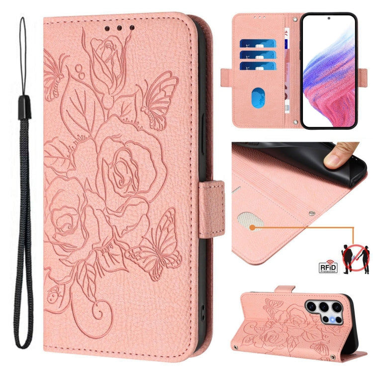Embossed Rose RFID Anti-theft Leather Phone Case, For Samsung Galaxy S26+ 5G, For Samsung Galaxy S26 Edge 5G, For Samsung Galaxy S26 Ultra 5G, For Samsung Galaxy S26 5G, For Samsung Galaxy S25 Edge 5G, For Samsung Galaxy S25 5G, For Samsung Galaxy S25+...