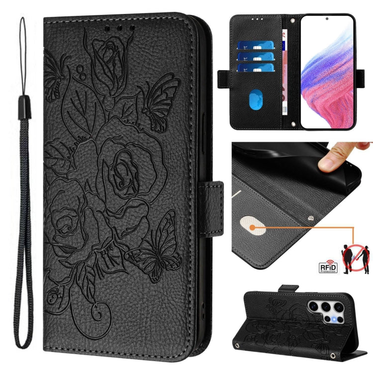 Embossed Rose RFID Anti-theft Leather Phone Case, For Samsung Galaxy S26+ 5G, For Samsung Galaxy S26 Edge 5G, For Samsung Galaxy S26 Ultra 5G, For Samsung Galaxy S26 5G, For Samsung Galaxy S25 Edge 5G, For Samsung Galaxy S25 5G, For Samsung Galaxy S25+...