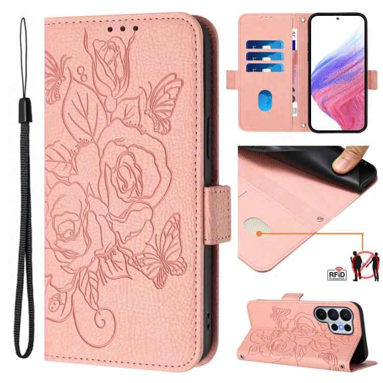 Embossed Rose RFID Anti-theft Leather Phone Case, For Samsung Galaxy S26+ 5G, For Samsung Galaxy S26 Edge 5G, For Samsung Galaxy S26 Ultra 5G, For Samsung Galaxy S26 5G, For Samsung Galaxy S25 Edge 5G, For Samsung Galaxy S25 5G, For Samsung Galaxy S25+...