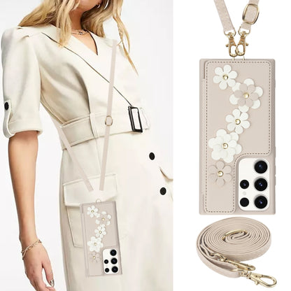 Crossbody Flower Pattern Leather Phone Case, For Samsung Galaxy S23 Ultra 5G, For Samsung Galaxy S23+ 5G, For Samsung Galaxy S22 Ultra 5G, For Samsung Galaxy S22+ 5G