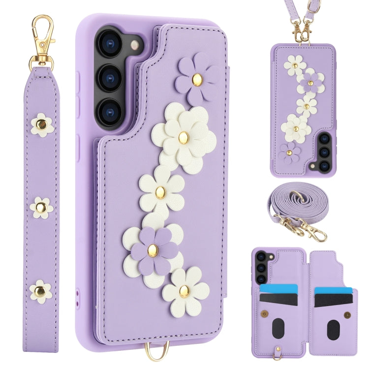 Crossbody Flower Pattern Leather Phone Case, For Samsung Galaxy S26+ 5G, For Samsung Galaxy S26 Ultra 5G, For Samsung Galaxy S26 5G, For Samsung Galaxy S25 Edge 5G, For Samsung Galaxy S25+ 5G, For Samsung Galaxy S25 Ultra 5G                            ...