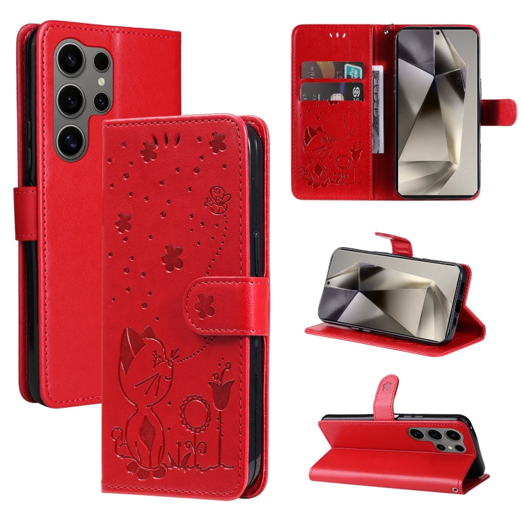 Cat and Bee Embossed Flip Leather Phone Case, For Galaxy S25 Ultra 5G, For Galaxy S24 FE 5G