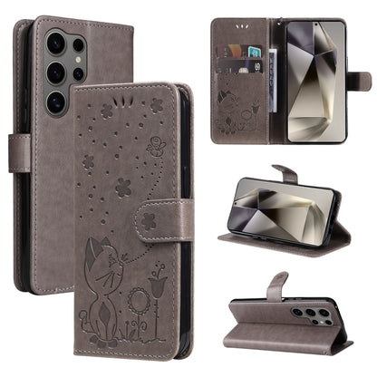 Cat and Bee Embossed Flip Leather Phone Case, For Galaxy S25 Ultra 5G, For Galaxy S24 FE 5G