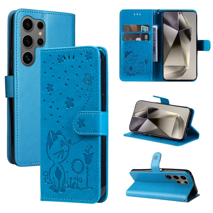 Cat and Bee Embossed Flip Leather Phone Case, For Galaxy S25 Ultra 5G, For Galaxy S24 FE 5G
