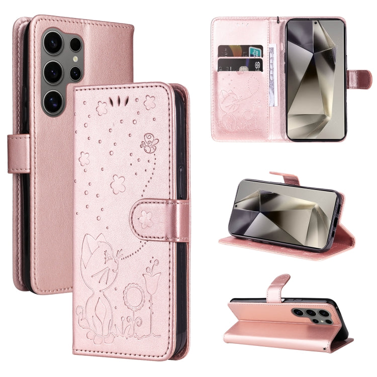 Cat and Bee Embossed Flip Leather Phone Case, For Samsung Galaxy S26+ 5G, For Samsung Galaxy S26 Edge 5G, For Samsung Galaxy S26 Ultra 5G, For Samsung Galaxy S26 5G, For Samsung Galaxy S25 FE 5G, For Samsung Galaxy S25 / S24 5G                         ...