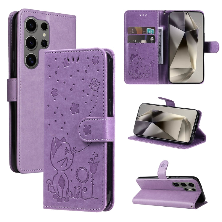Cat and Bee Embossed Flip Leather Phone Case, For Galaxy S25 Ultra 5G, For Galaxy S24 FE 5G
