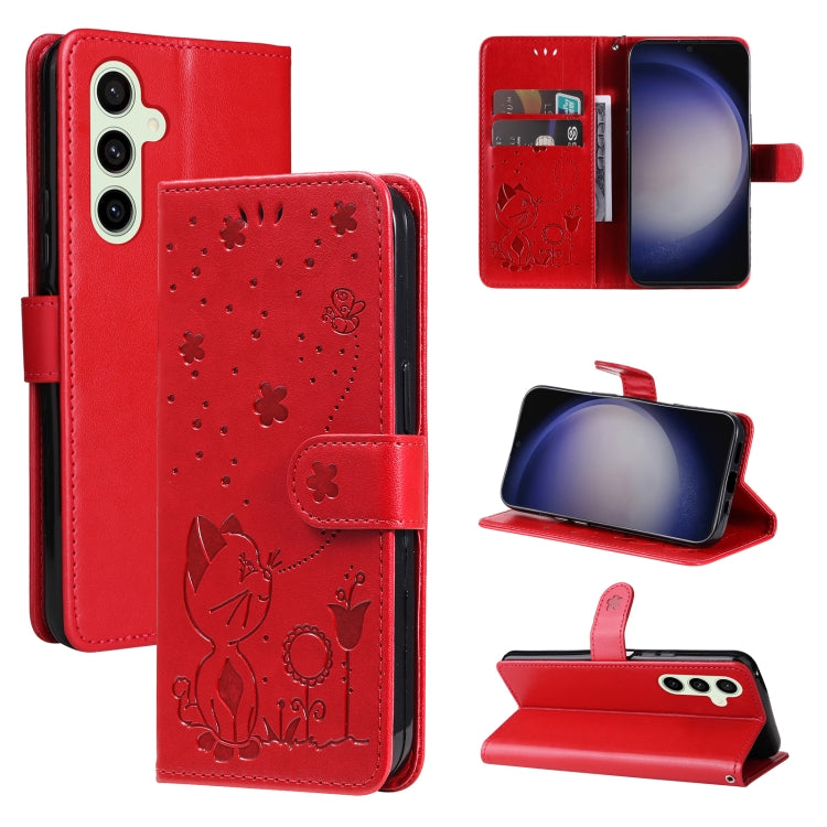 Cat and Bee Embossed Flip Leather Phone Case, For Galaxy S26 FE 5G, For Galaxy S26+ 5G, For Galaxy S26 Edge 5G, For Galaxy S26 Ultra 5G, For Galaxy S26 5G, For Galaxy S25 FE 5G, For Galaxy S25 / S24 5G, For Galaxy S25+ / S24+ 5G