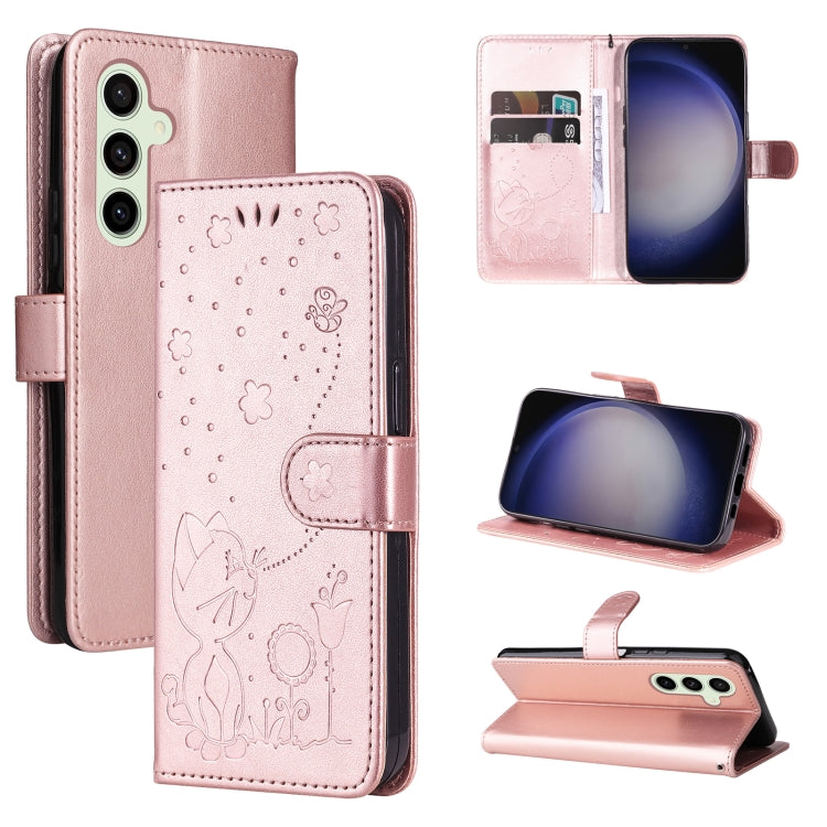 Cat and Bee Embossed Flip Leather Phone Case, For Galaxy S26 FE 5G, For Galaxy S26+ 5G, For Galaxy S26 Edge 5G, For Galaxy S26 Ultra 5G, For Galaxy S26 5G, For Galaxy S25 FE 5G, For Galaxy S25 / S24 5G, For Galaxy S25+ / S24+ 5G