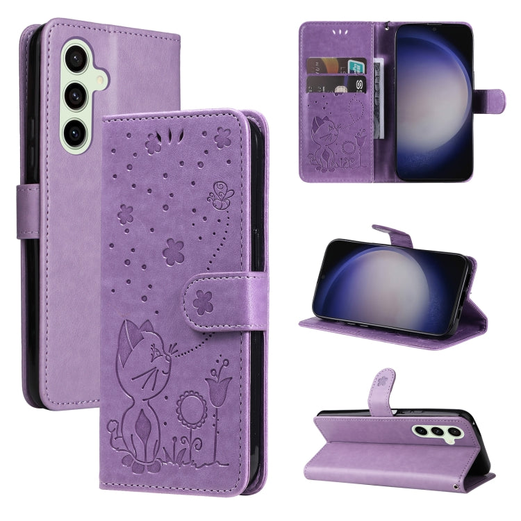 Cat and Bee Embossed Flip Leather Phone Case, For Galaxy S26 FE 5G, For Galaxy S26+ 5G, For Galaxy S26 Edge 5G, For Galaxy S26 Ultra 5G, For Galaxy S26 5G, For Galaxy S25 FE 5G, For Galaxy S25 / S24 5G, For Galaxy S25+ / S24+ 5G