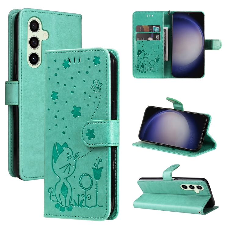 Cat and Bee Embossed Flip Leather Phone Case, For Galaxy S26 FE 5G, For Galaxy S26+ 5G, For Galaxy S26 Edge 5G, For Galaxy S26 Ultra 5G, For Galaxy S26 5G, For Galaxy S25 FE 5G, For Galaxy S25 / S24 5G, For Galaxy S25+ / S24+ 5G