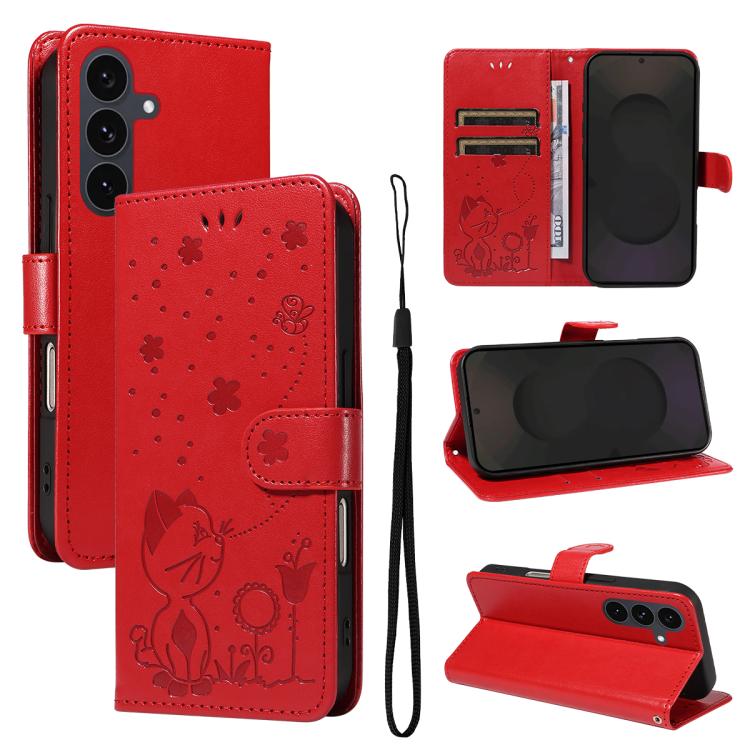 Cat and Bee Embossed Flip Leather Phone Case, For Samsung Galaxy S26+ 5G, For Samsung Galaxy S26 Edge 5G, For Samsung Galaxy S26 Ultra 5G, For Samsung Galaxy S26 5G, For Samsung Galaxy S25 FE 5G, For Samsung Galaxy S25 / S24 5G                         ...