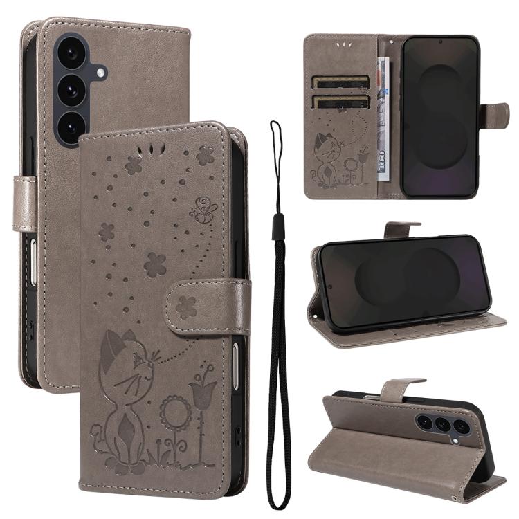 Cat and Bee Embossed Flip Leather Phone Case, For Galaxy S26 FE 5G, For Galaxy S26+ 5G, For Galaxy S26 Edge 5G, For Galaxy S26 Ultra 5G, For Galaxy S26 5G, For Galaxy S25 FE 5G, For Galaxy S25 / S24 5G, For Galaxy S25+ / S24+ 5G