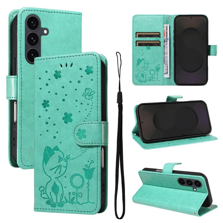 Cat and Bee Embossed Flip Leather Phone Case, For Galaxy S26 FE 5G, For Galaxy S26+ 5G, For Galaxy S26 Edge 5G, For Galaxy S26 Ultra 5G, For Galaxy S26 5G, For Galaxy S25 FE 5G, For Galaxy S25 / S24 5G, For Galaxy S25+ / S24+ 5G