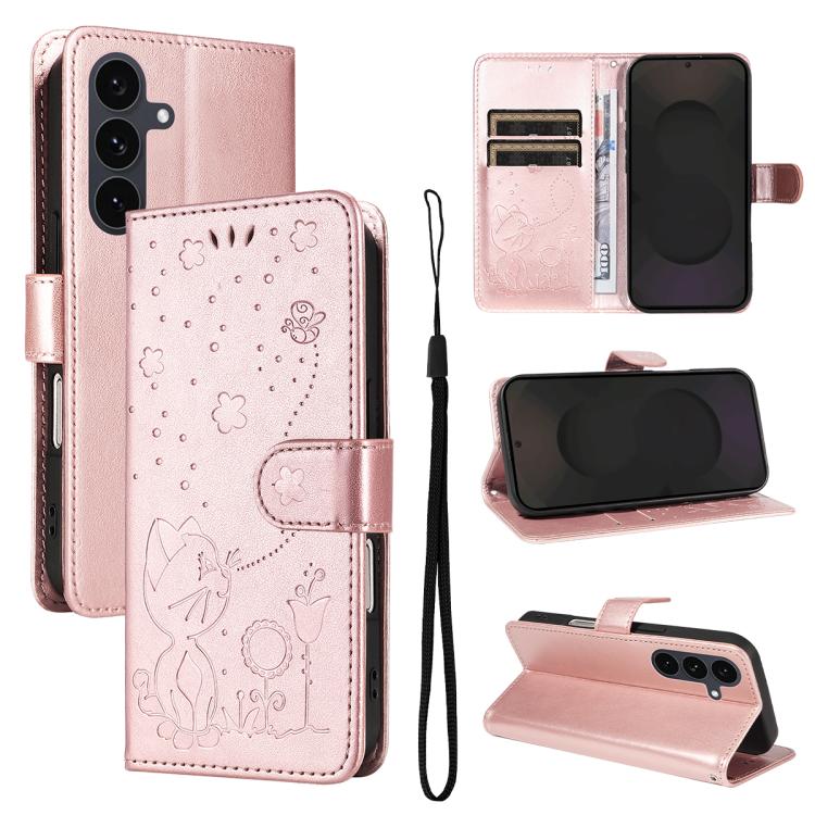 Cat and Bee Embossed Flip Leather Phone Case, For Samsung Galaxy S26+ 5G, For Samsung Galaxy S26 Edge 5G, For Samsung Galaxy S26 Ultra 5G, For Samsung Galaxy S26 5G, For Samsung Galaxy S25 FE 5G, For Samsung Galaxy S25 / S24 5G                         ...
