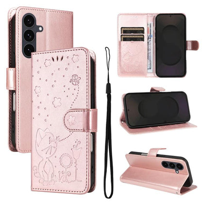 Cat and Bee Embossed Flip Leather Phone Case, For Galaxy S26 FE 5G, For Galaxy S26+ 5G, For Galaxy S26 Edge 5G, For Galaxy S26 Ultra 5G, For Galaxy S26 5G, For Galaxy S25 FE 5G, For Galaxy S25 / S24 5G, For Galaxy S25+ / S24+ 5G