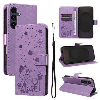 Cat and Bee Embossed Flip Leather Phone Case, For Galaxy S26 FE 5G, For Galaxy S26+ 5G, For Galaxy S26 Edge 5G, For Galaxy S26 Ultra 5G, For Galaxy S26 5G, For Galaxy S25 FE 5G, For Galaxy S25 / S24 5G, For Galaxy S25+ / S24+ 5G