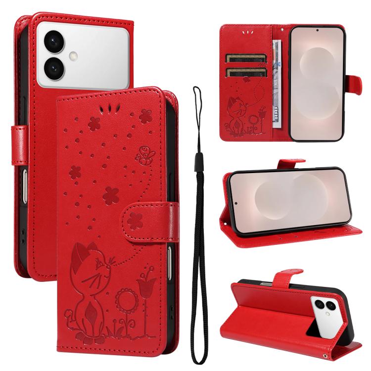 Cat and Bee Embossed Flip Leather Phone Case, For Galaxy S26 FE 5G, For Galaxy S26+ 5G, For Galaxy S26 Edge 5G, For Galaxy S26 Ultra 5G, For Galaxy S26 5G, For Galaxy S25 FE 5G, For Galaxy S25 / S24 5G, For Galaxy S25+ / S24+ 5G