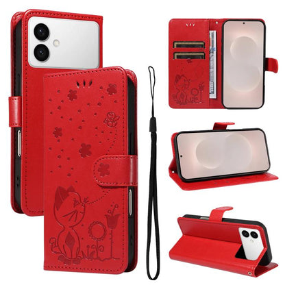 Cat and Bee Embossed Flip Leather Phone Case, For Galaxy S26 FE 5G, For Galaxy S26+ 5G, For Galaxy S26 Edge 5G, For Galaxy S26 Ultra 5G, For Galaxy S26 5G, For Galaxy S25 FE 5G, For Galaxy S25 / S24 5G, For Galaxy S25+ / S24+ 5G