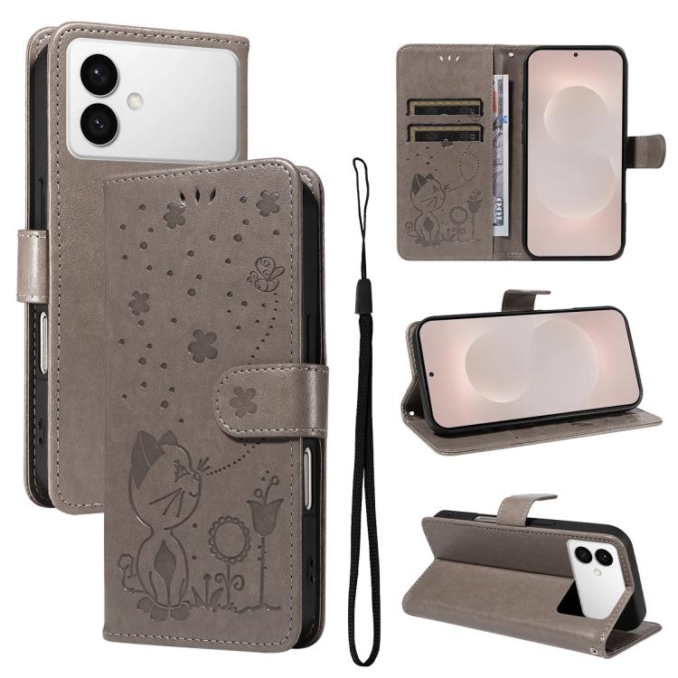 Cat and Bee Embossed Flip Leather Phone Case, For Galaxy S26 FE 5G, For Galaxy S26+ 5G, For Galaxy S26 Edge 5G, For Galaxy S26 Ultra 5G, For Galaxy S26 5G, For Galaxy S25 FE 5G, For Galaxy S25 / S24 5G, For Galaxy S25+ / S24+ 5G