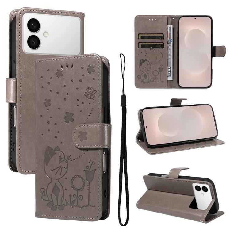Cat and Bee Embossed Flip Leather Phone Case, For Samsung Galaxy S26+ 5G, For Samsung Galaxy S26 Edge 5G, For Samsung Galaxy S26 Ultra 5G, For Samsung Galaxy S26 5G, For Samsung Galaxy S25 FE 5G, For Samsung Galaxy S25 / S24 5G                         ...
