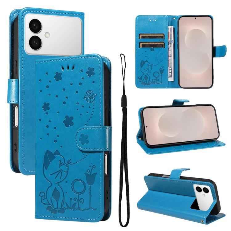 Cat and Bee Embossed Flip Leather Phone Case, For Samsung Galaxy S26+ 5G, For Samsung Galaxy S26 Edge 5G, For Samsung Galaxy S26 Ultra 5G, For Samsung Galaxy S26 5G, For Samsung Galaxy S25 FE 5G, For Samsung Galaxy S25 / S24 5G                         ...
