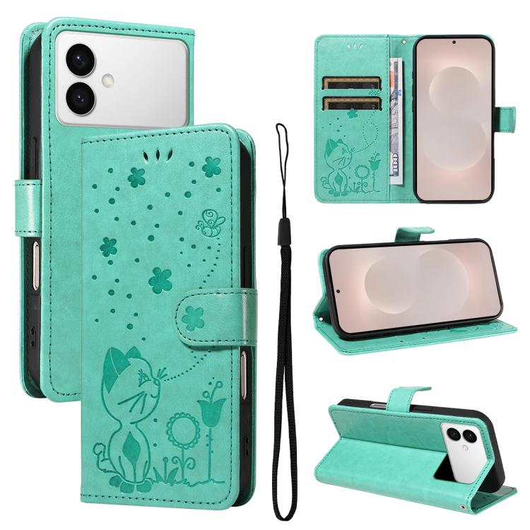 Cat and Bee Embossed Flip Leather Phone Case, For Galaxy S26 FE 5G, For Galaxy S26+ 5G, For Galaxy S26 Edge 5G, For Galaxy S26 Ultra 5G, For Galaxy S26 5G, For Galaxy S25 FE 5G, For Galaxy S25 / S24 5G, For Galaxy S25+ / S24+ 5G
