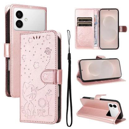 Cat and Bee Embossed Flip Leather Phone Case, For Galaxy S26 FE 5G, For Galaxy S26+ 5G, For Galaxy S26 Edge 5G, For Galaxy S26 Ultra 5G, For Galaxy S26 5G, For Galaxy S25 FE 5G, For Galaxy S25 / S24 5G, For Galaxy S25+ / S24+ 5G