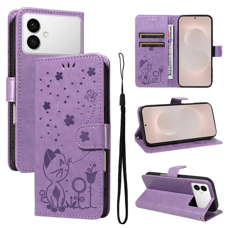 Cat and Bee Embossed Flip Leather Phone Case, For Galaxy S26 FE 5G, For Galaxy S26+ 5G, For Galaxy S26 Edge 5G, For Galaxy S26 Ultra 5G, For Galaxy S26 5G, For Galaxy S25 FE 5G, For Galaxy S25 / S24 5G, For Galaxy S25+ / S24+ 5G