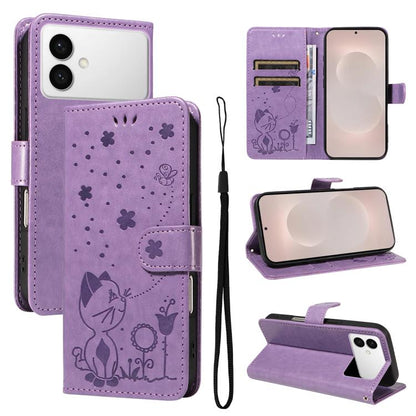 Cat and Bee Embossed Flip Leather Phone Case, For Galaxy S26 FE 5G, For Galaxy S26+ 5G, For Galaxy S26 Edge 5G, For Galaxy S26 Ultra 5G, For Galaxy S26 5G, For Galaxy S25 FE 5G, For Galaxy S25 / S24 5G, For Galaxy S25+ / S24+ 5G