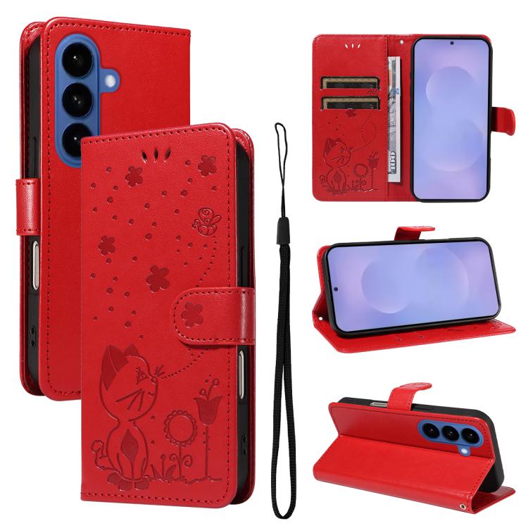 Cat and Bee Embossed Flip Leather Phone Case, For Galaxy S26 FE 5G, For Galaxy S26+ 5G, For Galaxy S26 Edge 5G, For Galaxy S26 Ultra 5G, For Galaxy S26 5G, For Galaxy S25 FE 5G, For Galaxy S25 / S24 5G, For Galaxy S25+ / S24+ 5G