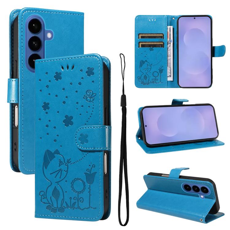 Cat and Bee Embossed Flip Leather Phone Case, For Samsung Galaxy S26+ 5G, For Samsung Galaxy S26 Edge 5G, For Samsung Galaxy S26 Ultra 5G, For Samsung Galaxy S26 5G, For Samsung Galaxy S25 FE 5G, For Samsung Galaxy S25 / S24 5G                         ...