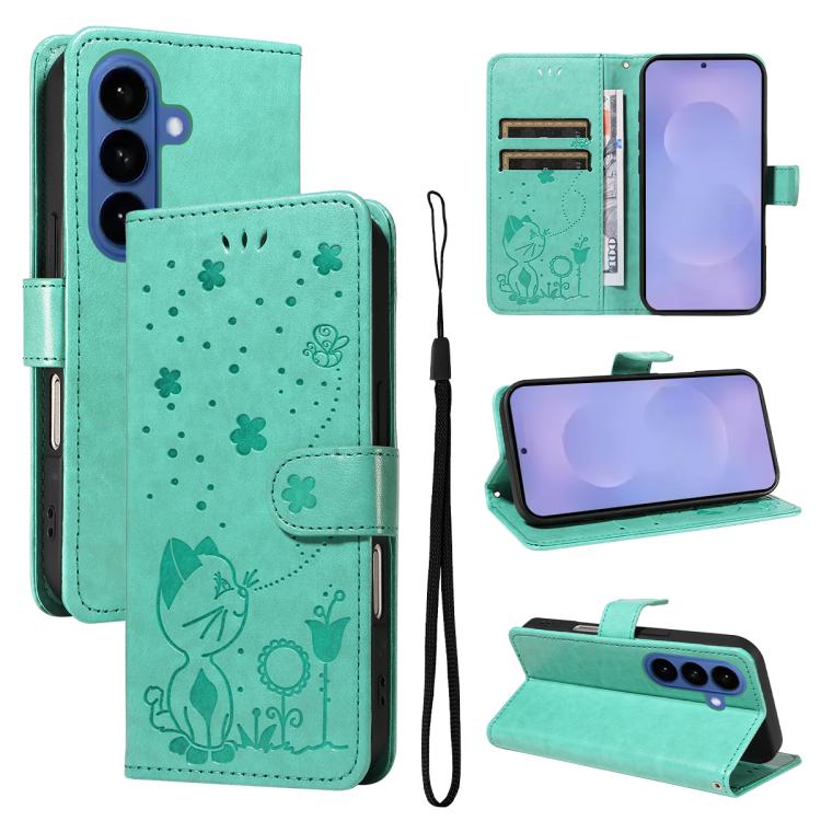 Cat and Bee Embossed Flip Leather Phone Case, For Galaxy S26 FE 5G, For Galaxy S26+ 5G, For Galaxy S26 Edge 5G, For Galaxy S26 Ultra 5G, For Galaxy S26 5G, For Galaxy S25 FE 5G, For Galaxy S25 / S24 5G, For Galaxy S25+ / S24+ 5G