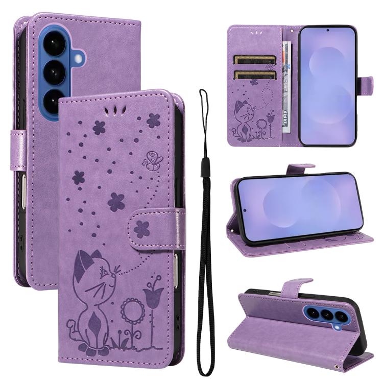 Cat and Bee Embossed Flip Leather Phone Case, For Galaxy S26 FE 5G, For Galaxy S26+ 5G, For Galaxy S26 Edge 5G, For Galaxy S26 Ultra 5G, For Galaxy S26 5G, For Galaxy S25 FE 5G, For Galaxy S25 / S24 5G, For Galaxy S25+ / S24+ 5G