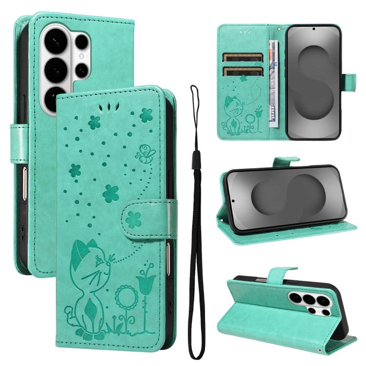 Cat and Bee Embossed Flip Leather Phone Case, For Galaxy S26 FE 5G, For Galaxy S26+ 5G, For Galaxy S26 Edge 5G, For Galaxy S26 Ultra 5G, For Galaxy S26 5G, For Galaxy S25 FE 5G, For Galaxy S25 / S24 5G, For Galaxy S25+ / S24+ 5G