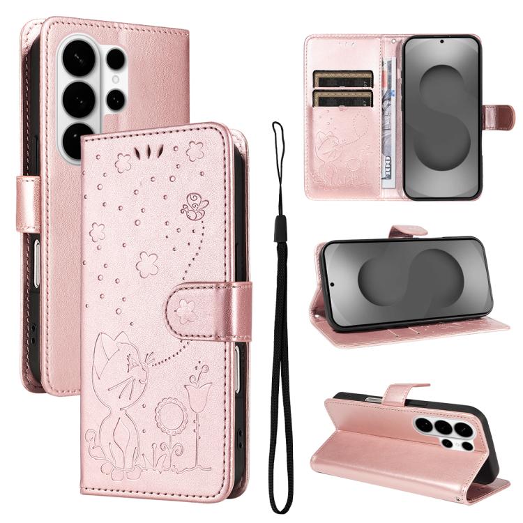 Cat and Bee Embossed Flip Leather Phone Case, For Galaxy S26 FE 5G, For Galaxy S26+ 5G, For Galaxy S26 Edge 5G, For Galaxy S26 Ultra 5G, For Galaxy S26 5G, For Galaxy S25 FE 5G, For Galaxy S25 / S24 5G, For Galaxy S25+ / S24+ 5G