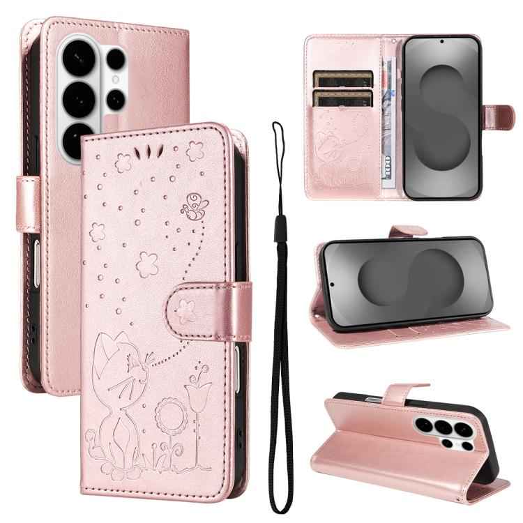 Cat and Bee Embossed Flip Leather Phone Case, For Samsung Galaxy S26+ 5G, For Samsung Galaxy S26 Edge 5G, For Samsung Galaxy S26 Ultra 5G, For Samsung Galaxy S26 5G, For Samsung Galaxy S25 FE 5G, For Samsung Galaxy S25 / S24 5G                         ...