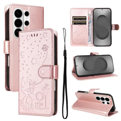 Cat and Bee Embossed Flip Leather Phone Case, For Galaxy S26 FE 5G, For Galaxy S26+ 5G, For Galaxy S26 Edge 5G, For Galaxy S26 Ultra 5G, For Galaxy S26 5G, For Galaxy S25 FE 5G, For Galaxy S25 / S24 5G, For Galaxy S25+ / S24+ 5G