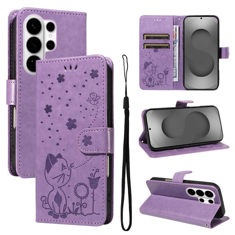 Cat and Bee Embossed Flip Leather Phone Case, For Galaxy S26 FE 5G, For Galaxy S26+ 5G, For Galaxy S26 Edge 5G, For Galaxy S26 Ultra 5G, For Galaxy S26 5G, For Galaxy S25 FE 5G, For Galaxy S25 / S24 5G, For Galaxy S25+ / S24+ 5G