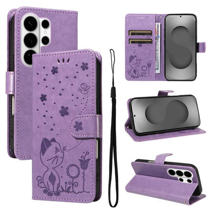 Cat and Bee Embossed Flip Leather Phone Case, For Galaxy S26 FE 5G, For Galaxy S26+ 5G, For Galaxy S26 Edge 5G, For Galaxy S26 Ultra 5G, For Galaxy S26 5G, For Galaxy S25 FE 5G, For Galaxy S25 / S24 5G, For Galaxy S25+ / S24+ 5G