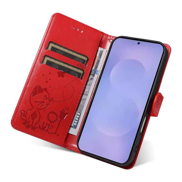 Cat and Bee Embossed Flip Leather Phone Case, For Samsung Galaxy S26+ 5G, For Samsung Galaxy S26 Edge 5G, For Samsung Galaxy S26 Ultra 5G, For Samsung Galaxy S26 5G, For Samsung Galaxy S25 FE 5G, For Samsung Galaxy S25 / S24 5G                         ...